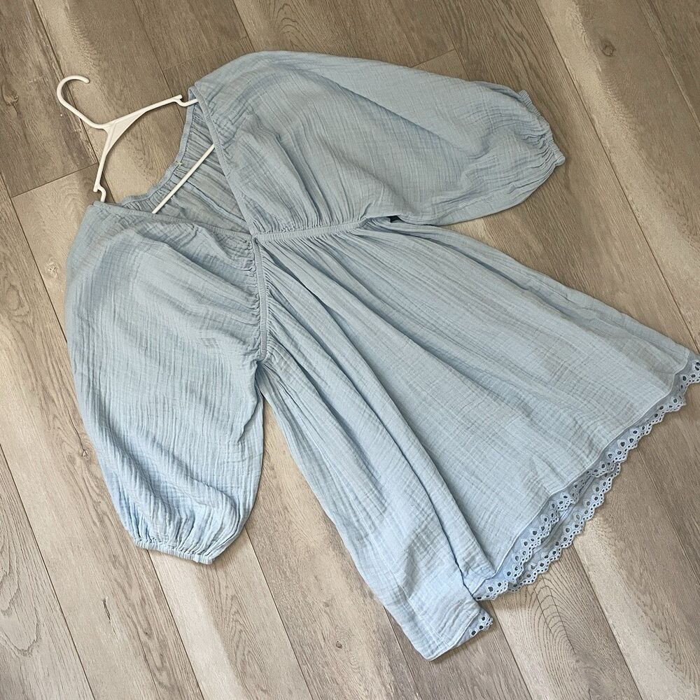 Starkx Gauze Dress cotton eyelet trim mini womens Blue (medium) coastal natural - Picture 3 of 8